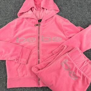 VTG Bebe Tracksuit Set Small Pink Taffy Bling Velour Rhinestone Logo Y2k